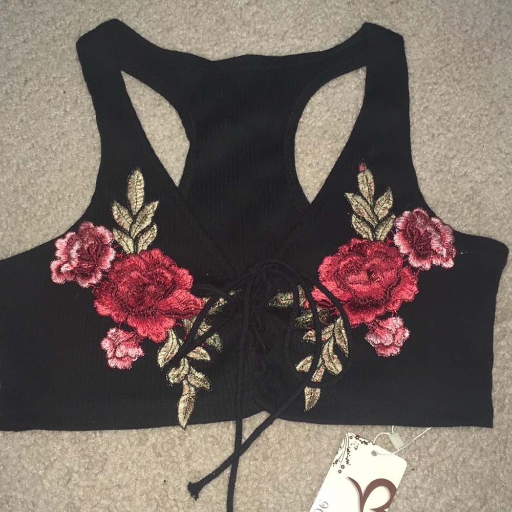 Lace up embroidered crop top